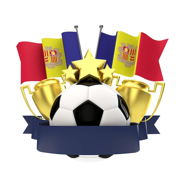 Emblema dos vencedores do futebol de bandeira de Andorra com bola de estrelas do troféu e renderização em 3D da fita