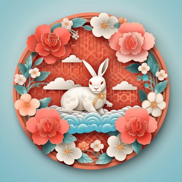 Emblema con flores orientales y nubes asiáticas de papel de conejo