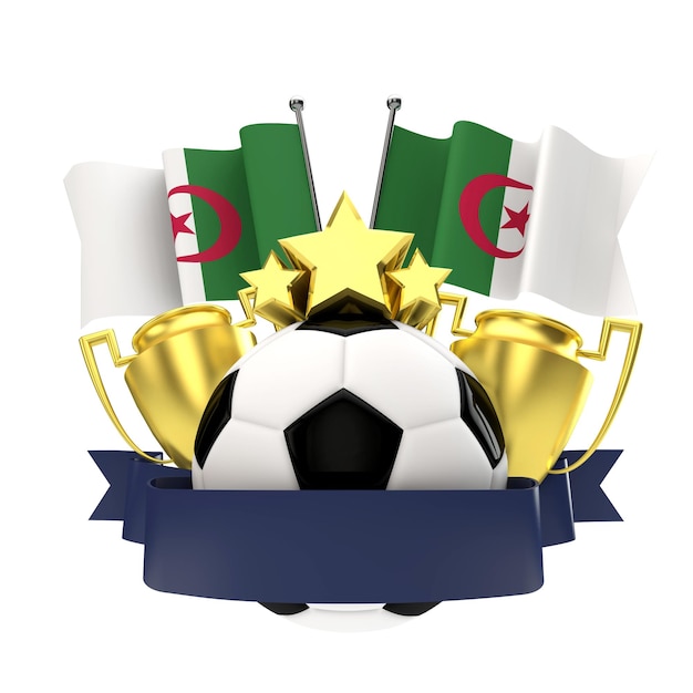 Emblema de ganadores de fútbol de bandera de Argelia con trofeo estrellas bola y cinta 3D Rendering