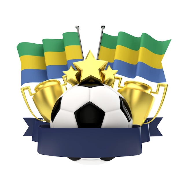 Emblema de ganadores de fútbol de bandera de Gabón con trofeo estrellas bola y cinta 3D Rendering