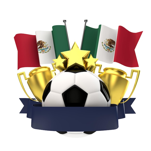 Emblema de ganadores de fútbol de bandera de México con trofeo estrellas bola y cinta 3D Rendering