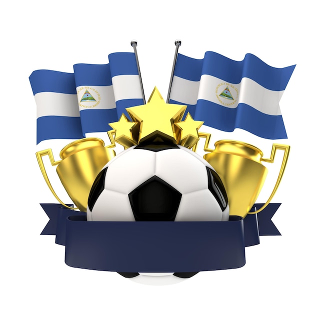 Emblema de ganadores de fútbol de bandera de Nicaragua con trofeo estrellas bola y cinta 3D Rendering