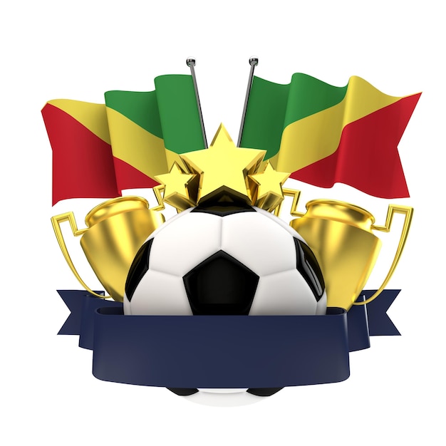 Emblema de ganadores de fútbol de bandera de la República del Congo con pelota de estrellas de trofeo y cinta 3D Rendering