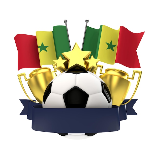 Emblema de los ganadores del fútbol de la bandera de Senegal con la bola y la cinta de las estrellas del trofeo Representación 3D