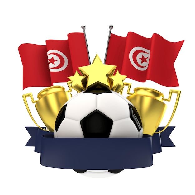 Emblema de ganadores de fútbol de bandera de Túnez con trofeo estrellas bola y cinta 3D Rendering