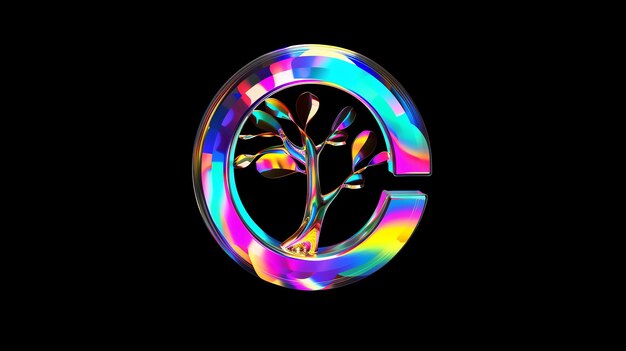 Un emblema holográfico 3D de un árbol dentro de un círculo con colores del arco iris