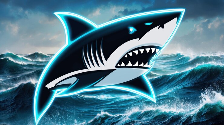 Foto emblema holográfico de tubarão em ondas oceânicas conceito de design gráfico