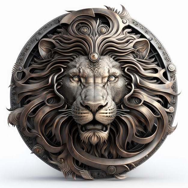 Emblema de león Amuleto circular metálico con cara de león aislado sobre fondo blanco AI