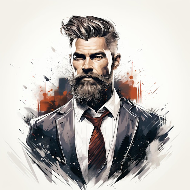 emblema del logotipo del salón de barbería para hombres con un retrato de un hombre elegante y moderno con barba y bigote en un fondo blanco