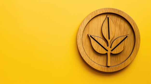 Un emblema de madera con un diseño de hoja contra un fondo amarillo vibrante