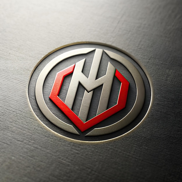 Foto emblema metálico con el diseño estilizado del logotipo m encerrado en un círculo