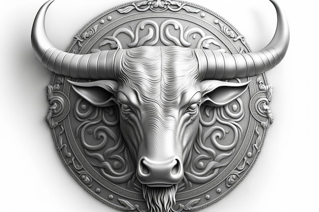 Emblema de plata cabeza de un toro fondo blanco concepto de bolsa de valores IA generativa