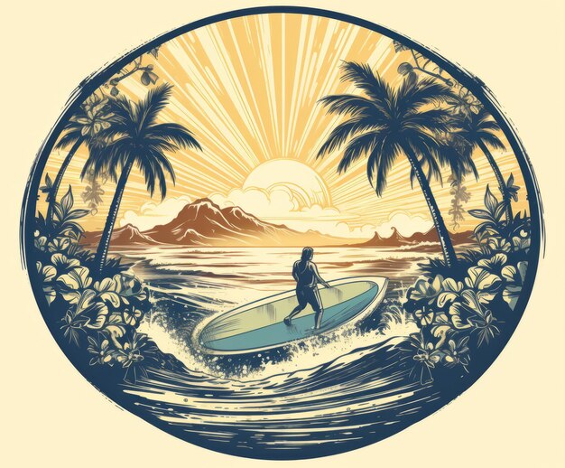 Foto el emblema retro del sueño de un surfista de un paraíso tropical