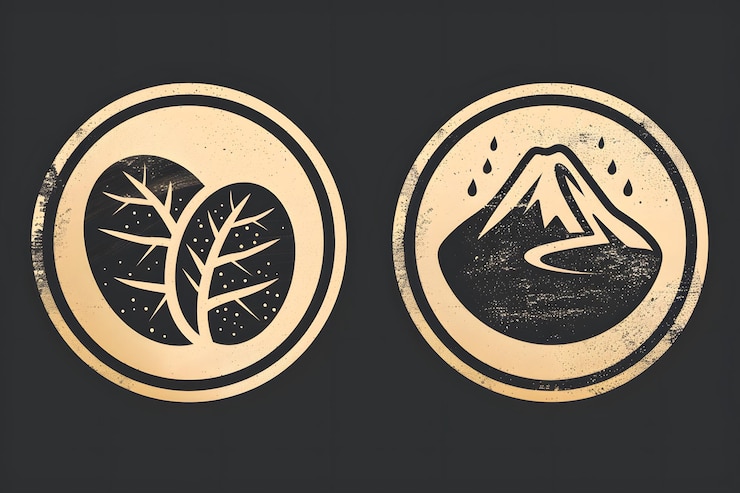 Emblemas inspirados en la naturaleza con diseños de árboles y montañas