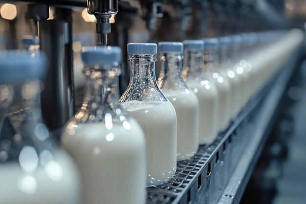 Embotellado de leche fresca en una línea de producción en una instalación lechera