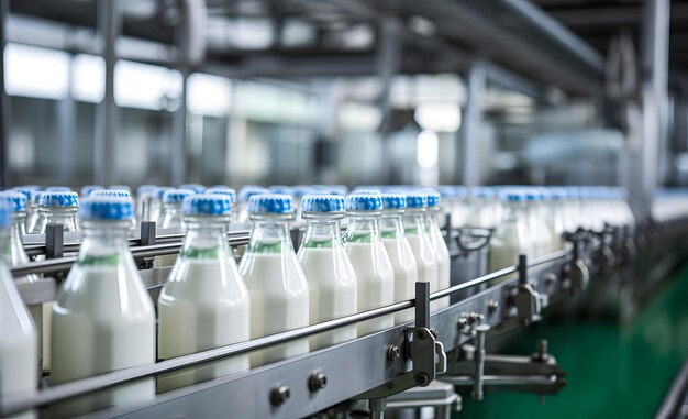Embotellado de leche o yogur en botellas de vidrio en una fábrica Equipamiento en la fábrica lechera