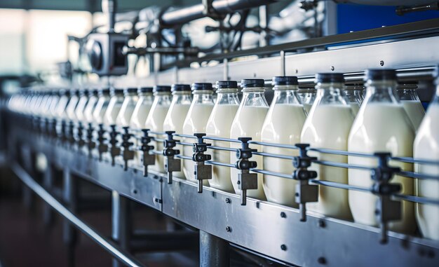 Embotellado de leche o yogur en botellas de vidrio en una fábrica Equipamiento en la fábrica lechera