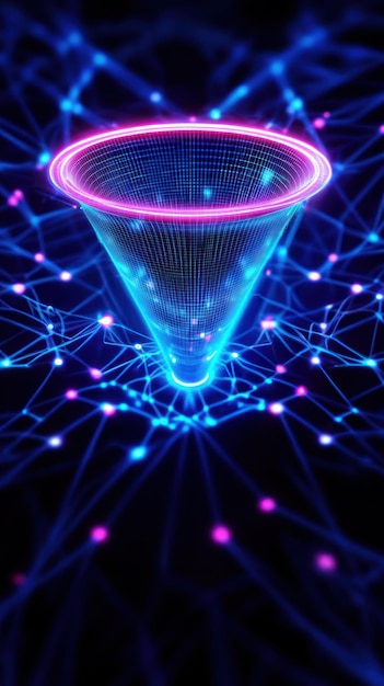 Embudo digital con líneas azules y rosas brillantes rodeadas de complejas redes neuronales que ilustran la optimización del embudo, las ideas de IA y la generación de leads