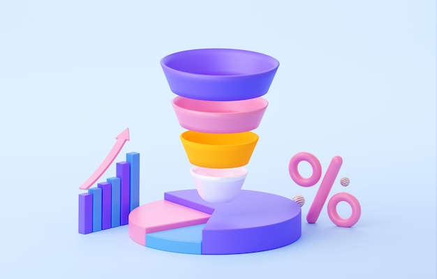 Un embudo de ventas con un porcentaje y estadísticas Diagrama circular con flecha hacia arriba