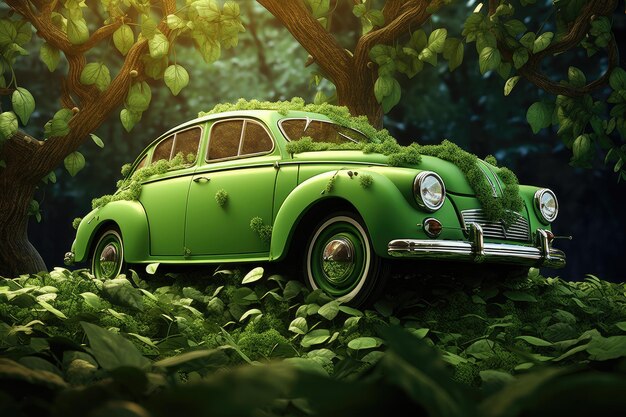 Emerald Elegance Ein klassisches Auto, umhüllt von Natur, Pracht, generative KI