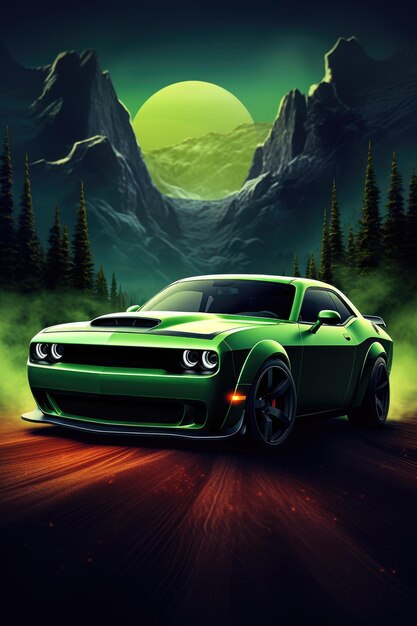 Foto emerald power desencadeou o dodge challenger srt hellcat redeye em meio às montanhas majesticas no crepúsculo