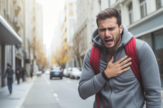 Emergencia cardíaca Un joven se agarra el pecho de dolor experimentando un ataque al corazón y necesitando atención médica inmediata