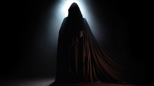Emergiendo de las sombras, una figura velada en un manto de oscuridad proyecta una presencia siniestra Generada por IA