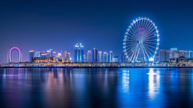 Foto emirados árabes unidos 21 de junho de 2023 ilha bluewaters em dubai com ain dubai ferris wheel à noite vista da praia jbr na área de marina