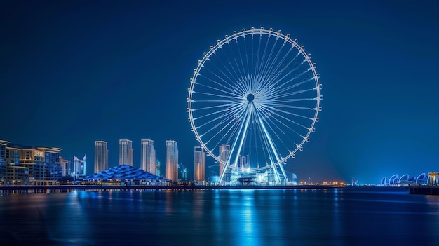 Foto emirados árabes unidos 21 de junho de 2023 ilha bluewaters em dubai com ain dubai ferris wheel à noite vista da praia jbr na área de marina