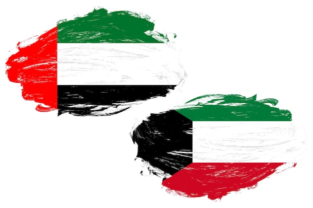 Los emiratos árabes unidos y la bandera de kuwait juntos en un fondo de pincel de trazo blanco