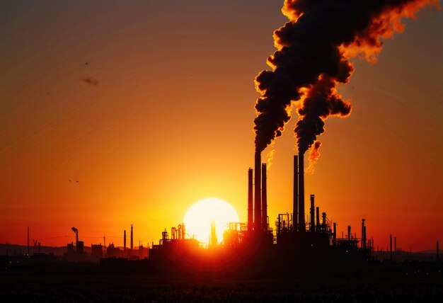emisiones de CO2 producidas por una fábrica al atardecer que contribuyen a las preocupaciones ambientales