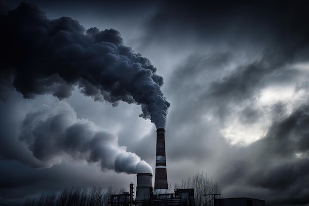 Emisiones de dióxido de carbono de la pila de la planta de energía visibles contra el cielo oscuro