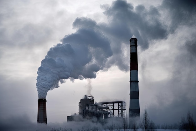 Emissões de dióxido de carbono capturadas em um momento congelado com fumaça saindo da chaminé da fábrica