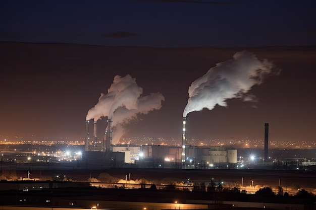 Emissões de dióxido de carbono da usina elétrica vistas à noite do horizonte da cidade