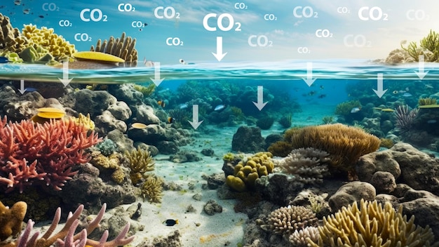 Foto emissões de dióxido de carbono e conceito de acidificação dos oceanos mudança ambiental acidificação da água absorção de dióxido de carbono e contaminação da água do mar