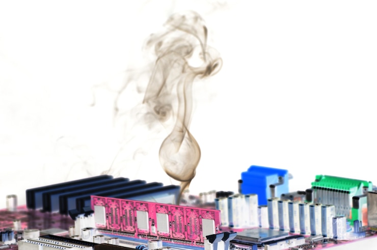 Foto se emite una fina corriente de humo desde un microcircuito que consta de un circuito