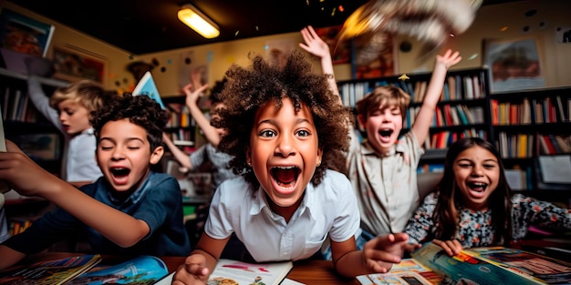 emoção de voltar à escola com um grupo de alunos diversos interagindo em uma sala de aula contra um pano de fundo de livros e materiais educacionais