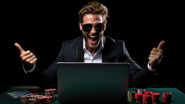 emoción de un hombre jugando juegos de casino en su computadora portátil