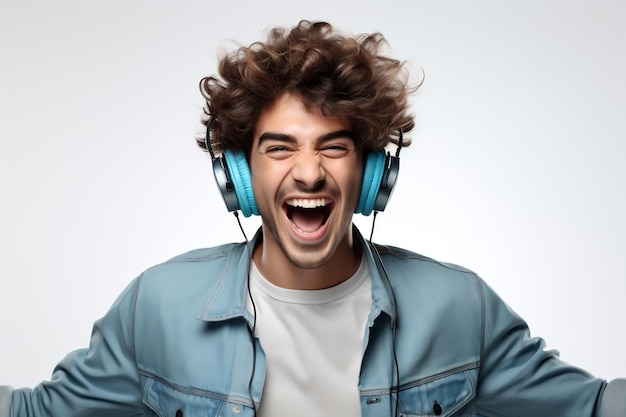 Emoción del joven con auriculares en IA generativa