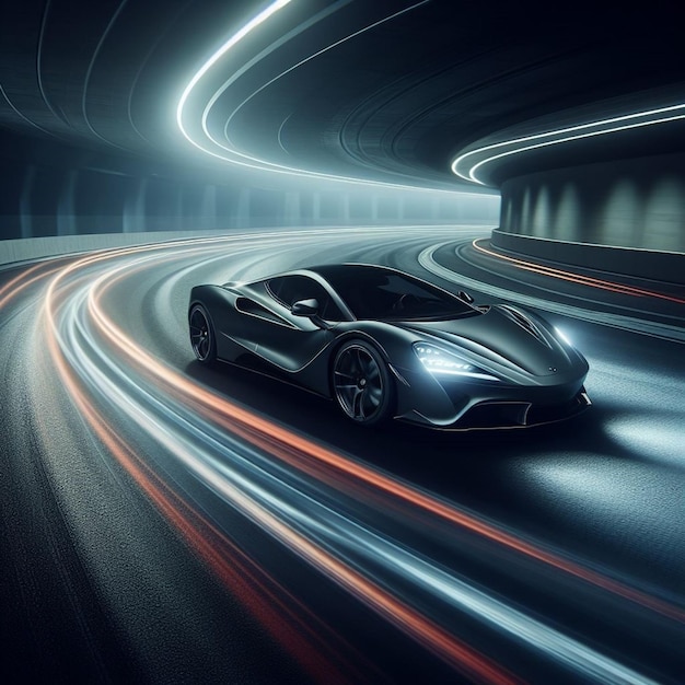 emoción nocturna montar un elegante coche deportivo a toda velocidad a través de una curva oscura con precisión