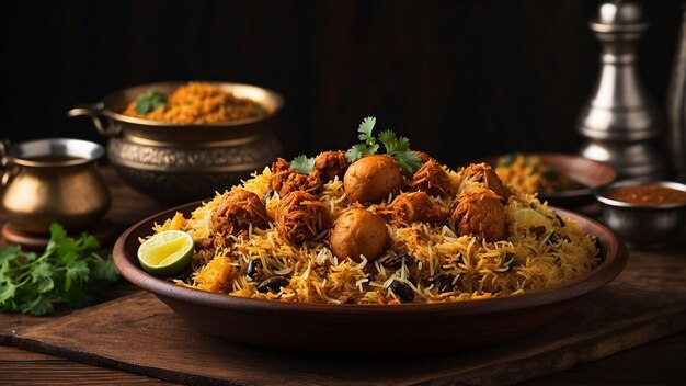 la emoción que rodea una porción de Hyderabad Biryani en una mesa de madera bien desgastada los platos timele