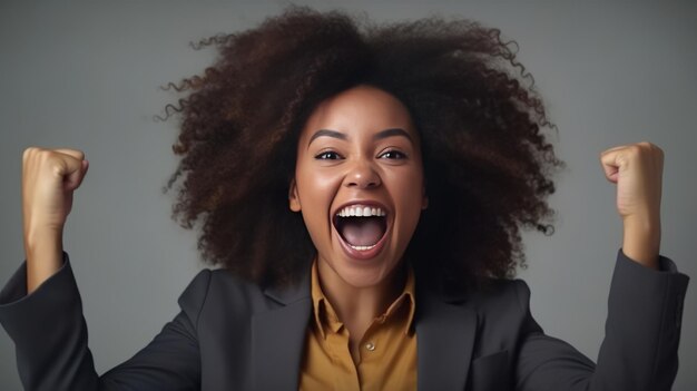 Emocionada y linda mujer de negocios afroamericana celebrando los resultados exitosos del proyecto financiero