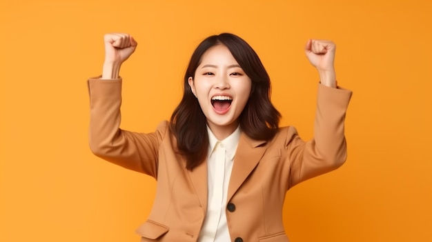 Emocionada y linda mujer de negocios asiática celebrando los resultados exitosos del proyecto financiero