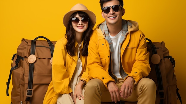 Emocionada pareja de turistas asiáticos vestidos con ropa de verano para viajar de vacaciones