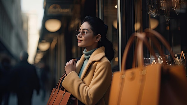 Emocionado comprador solitario con bolsos coloridos