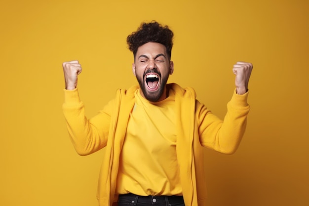Emocionado hombre afroamericano con capucha amarilla gritando y apretando los puños aislado sobre fondo amarillo IA generativa
