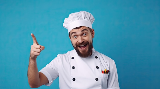 Emocionado joven chef barbudo o cocinero panadero hombre en delantal camiseta blanca toque sombrero de chef