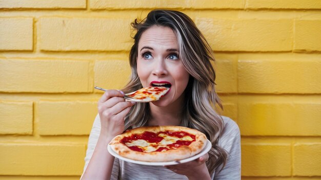 Emocional linda senhora morde deliciosa pizza olha diretamente tem tempo para lanches visitas pizzeria