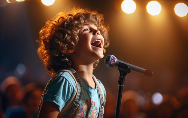 Emocionales melodías encantador niño niño cantando apasionadamente en un concierto