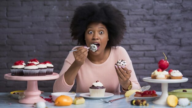 Emocionalmente sorprendida, una mujer de piel oscura come pasteles y cupcakes rodeada de sabrosos postres caseros.